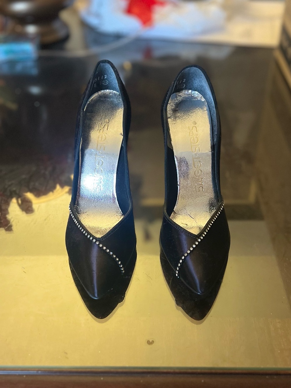 Black Satin Pointed-Toe Heels with Rhinestone Accent